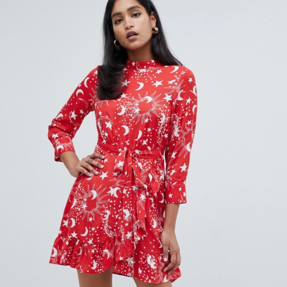 ASOS DESIGN Star & Moon Mock Neck Wrap Mini Dress